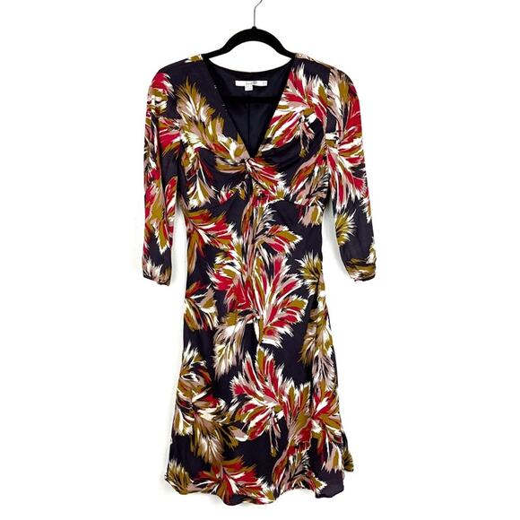 Boden Womens Jersey Dress Twist V Neck Knee Length Feather Floral Bohemian - Picture 2 of 9